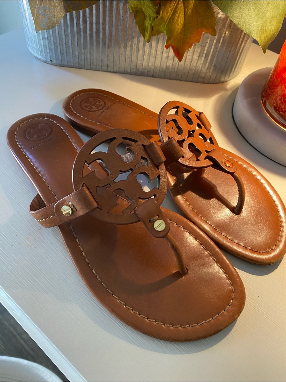 Tory Burch Brown Logo Leather Thong Sandals